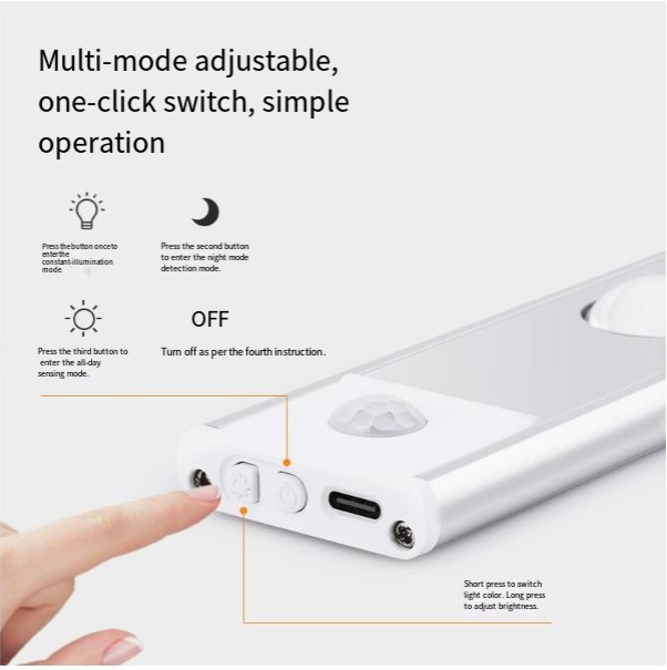 Multi-mode adjustable one-click switch with text and icons on a white background
