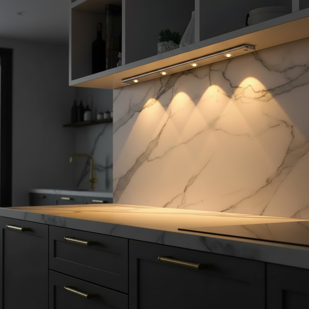 Modern kitchen with marble countertop and backsplash, featuring a light fixture.