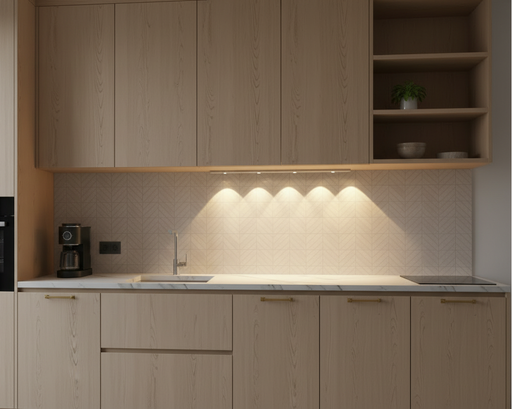 Modern kitchen with wooden cabinets and built-in appliances and motion sensor light.